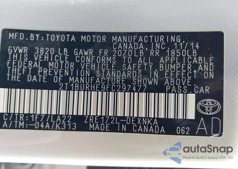 2015 Toyota Corolla Le Premium из США, поврежденный, VIN 2T1BURHE9FC297477